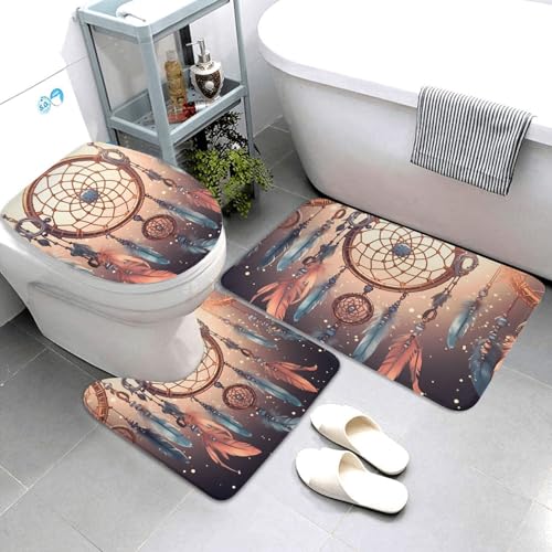 QMNSEHF Indianer-Traumfänger-Badezimmerteppich-Set, weich, saugfähig, Badematten und U-förmige Konturmatte, WC-Deckelbezug, rutschfeste Badteppiche für Badezimmer, Duschmatte, 80 x 50 cm, 3-teilig von QMNSEHF