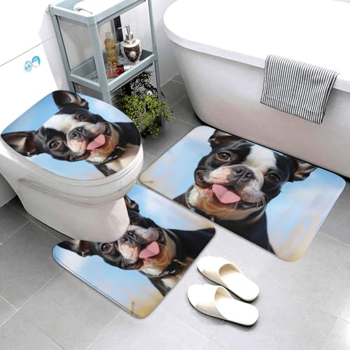 QMNSEHF Lovely Boston Terrier Badezimmerteppich-Set, weich, saugfähig, U-förmige Konturmatte, WC-Deckelbezug, rutschfeste Badteppiche für Badezimmer, Duschmatte, 80 x 50 cm, 3-teilig QMNSEHF Lovely Boston Terrier Badezimmerteppich-Set, weich, saugfähig, U-förmige Konturmatte, WC-Deckelbezug, rutschfeste Badteppiche für Badezimmer, Duschmatte, 80 x 50 cm, 3-teilig von QMNSEHF