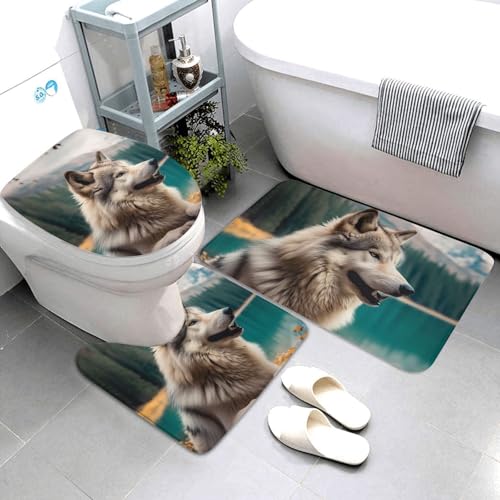 QMNSEHF Lustiges Tierwolf-Badezimmerteppich-Set, weich, saugfähig, Badematten und U-förmige Konturmatte, WC-Deckelbezug, rutschfeste Badteppiche für Badezimmer, Duschmatte, 80 x 50 cm, 3-teilig von QMNSEHF