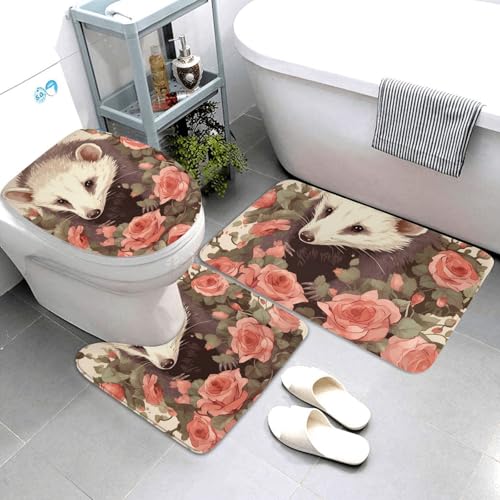 QMNSEHF Opossum und Roses Badezimmerteppich-Set, weich, saugfähig, Badematten und U-förmige Konturmatte, WC-Deckelbezug, rutschfest, für Badezimmer, Duschmatte, 80 x 50 cm, 3-teilig von QMNSEHF