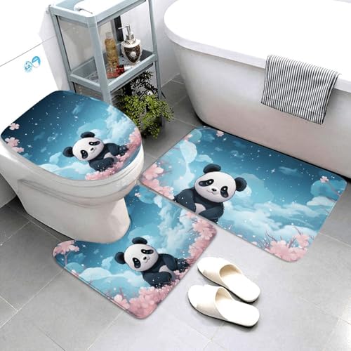 QMNSEHF Panda-Blumen-Badezimmerteppich-Set, weich, saugfähig, U-förmige Konturmatte, WC-Deckelbezug, rutschfeste Badteppiche für Badezimmer, Duschmatte, 80 x 50 cm, 3-teilig von QMNSEHF