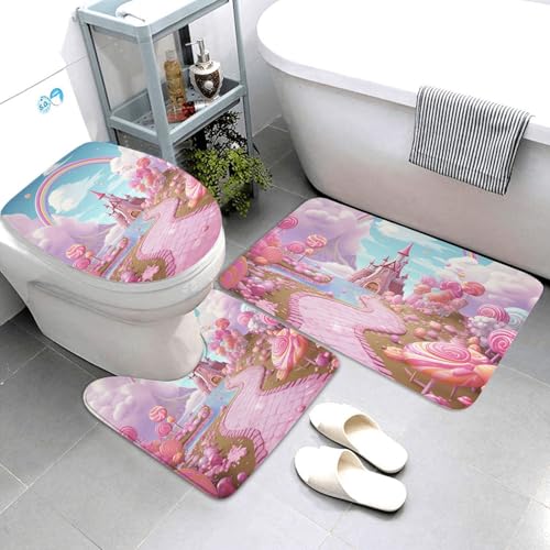 QMNSEHF Pinkcandyland Badezimmerteppich-Set, weich, saugfähig, Badematten und U-förmige Konturmatte, WC-Deckelbezug, rutschfest, für Badezimmer, Duschmatte, 80 x 50 cm, 3-teilig von QMNSEHF