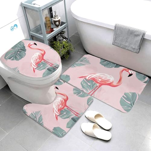 QMNSEHF Sommer-Badezimmerteppich-Set, Flamingo-Palmenblätter, weich, saugfähig, U-förmige Konturmatte, WC-Deckelbezug, rutschfest, für Badezimmer, Duschmatte, 80 x 50 cm, 3-teilig QMNSEHF Sommer-Badezimmerteppich-Set, Flamingo-Palmenblätter, weich, saugfähig, U-förmige Konturmatte, WC-Deckelbezug, rutschfest, für Badezimmer, Duschmatte, 80 x 50 cm, 3-teilig von QMNSEHF