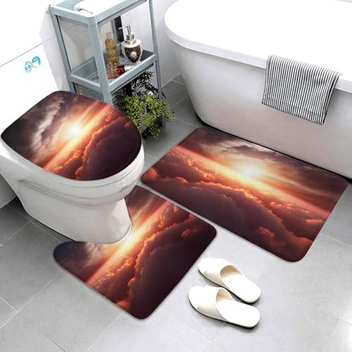 QMNSEHF Sun Sunrise Cloud Badezimmerteppich-Set, weich, saugfähig, U-förmige Konturmatte, WC-Deckelbezug, rutschfest, für Badezimmer, Duschmatte, 80 x 50 cm, 3-teilig von QMNSEHF