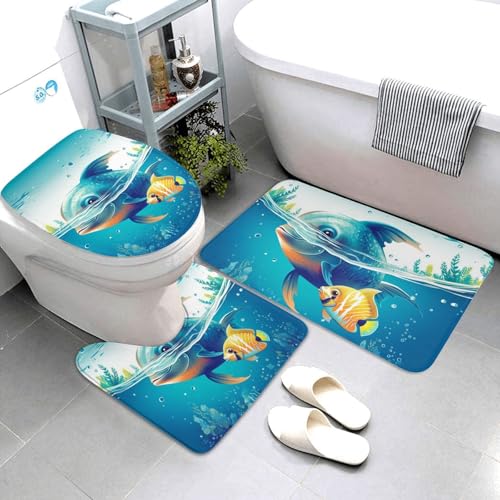 QMNSEHF Unterwasser-Badezimmerteppich-Set, 3-teilig, weich, saugfähig, Badematten und U-förmige Konturmatte, WC-Deckelbezug, rutschfeste Badteppiche für Badezimmer, Duschmatte, 80 x 50 cm von QMNSEHF