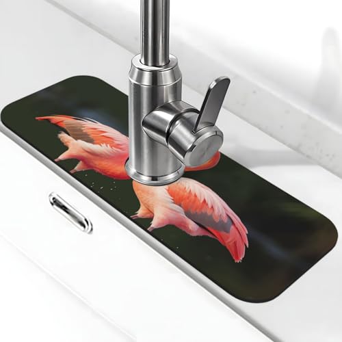 Rosa Flamingos Kiss in The Lake Wasserhahnmatte für Küchenspüle, Anti-Rutsch-Wasserhahn-Pad, Spritzfänger, Kieselgur, schnell trocknender Stein, Wasserhahngriff, Tropffänger-Tablett, Matte für von QMNSEHF