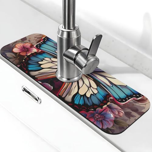 Schmetterlings-Blumen-Wasserhahn-Matte für Küchenspüle, Anti-Rutsch-Wasserhahn-Pad, Spritzfänger, Kieselgur, schnell trocknender Stein, Wasserhahngriff, Tropfenfänger-Tablett, Matte für Waschbecken von QMNSEHF