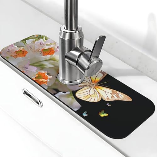 Schmetterlings-Narzissen-Blumen-Wasserhahn-Matte für Küchenspüle, Anti-Rutsch-Wasserhahn-Pad, Spritzfänger, Kieselgur, schnell trocknender Stein, Wasserhahngriff, Tropffänger-Tablett, Matte für Schmetterlings-Narzissen-Blumen-Wasserhahn-Matte für Küchenspüle, Anti-Rutsch-Wasserhahn-Pad, Spritzfänger, Kieselgur, schnell trocknender Stein, Wasserhahngriff, Tropffänger-Tablett, Matte für von QMNSEHF