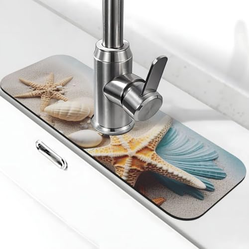 Seestern und Muschel-Wasserhahn-Matte für Küchenspüle, Anti-Rutsch-Wasserhahn-Pad, Spritzfänger, Kieselgur, schnell trocknender Stein-Wasserhahn-Griff, Tropffänger-Tablett, Matte für Waschbecken Seestern und Muschel-Wasserhahn-Matte für Küchenspüle, Anti-Rutsch-Wasserhahn-Pad, Spritzfänger, Kieselgur, schnell trocknender Stein-Wasserhahn-Griff, Tropffänger-Tablett, Matte für Waschbecken von QMNSEHF