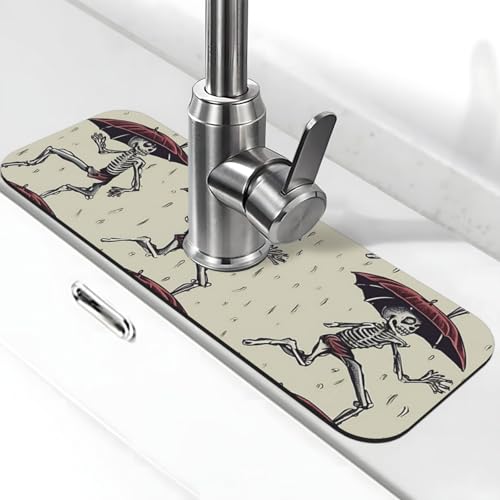 Skelett Tanzen mit Regenschirm Wasserhahn Matte für Küchenspüle, Anti-Rutsch-Wasserhahn-Pad, Spritzfänger, Kieselgur, schnell trocknender Stein-Wasserhahn-Griff, Tropffänger-Tablett, Matte für von QMNSEHF