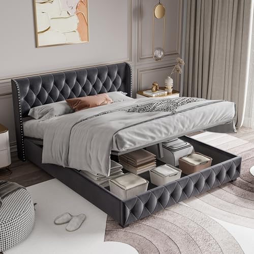 Bett mit Bettkasten, 160 x 200 cm mit Lattenrost, Doppelbett 160 x 200 cm mit Kopfteil, gepolstertes Bett mit Aufbewahrung, Bettgestell aus Holz, Doppelbett für Erwachsene, ohne Matratze (Dunkelgrau Bett mit Bettkasten, 160 x 200 cm mit Lattenrost, Doppelbett 160 x 200 cm mit Kopfteil, gepolstertes Bett mit Aufbewahrung, Bettgestell aus Holz, Doppelbett für Erwachsene, ohne Matratze (Dunkelgrau von QMTXBYJ