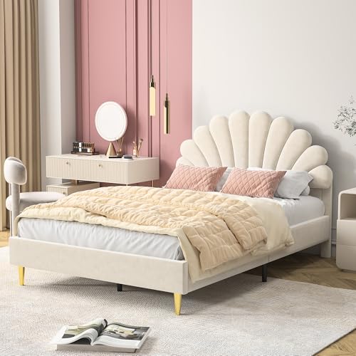 Polsterbett Kinderbett 140x200 cm, Mädchen Bett, Jugendbett 140x200 für Mädchen, Bettgestell mit Kopfteil in Blumenform und Lattenrost, Doppelbett Gästebett aus Massivholz und Samt, Ohne Matratze von QMTXBYJ
