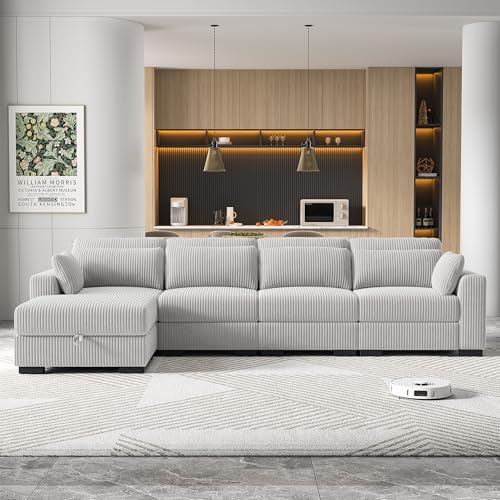 Modernes Ecksofa, 4-Sitzer Sofa mit 1 umwandelbarem Polsterhocker, Großes Sektionssofa mit Schlaffunktion, L Form Couch, U-förmiges Sofa, Modulares Sofa, Eckcouch Schlafcouch mit Kissen,Cordstoff Modernes Ecksofa, 4-Sitzer Sofa mit 1 umwandelbarem Polsterhocker, Großes Sektionssofa mit Schlaffunktion, L Form Couch, U-förmiges Sofa, Modulares Sofa, Eckcouch Schlafcouch mit Kissen,Cordstoff von QMTXBYJ