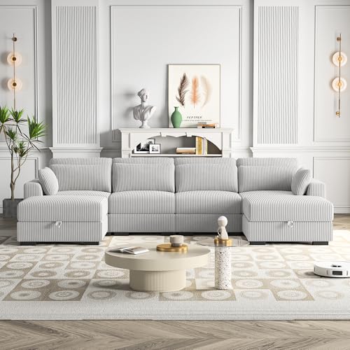 Modernes Ecksofa, 4-Sitzer Sofa mit 2 umwandelbarem Polsterhocker, Großes Sektionssofa mit Schlaffunktion, L Form Couch, U-förmiges Sofa, Modulares Sofa, Eckcouch Schlafcouch mit Kissen,Cordstoff Modernes Ecksofa, 4-Sitzer Sofa mit 2 umwandelbarem Polsterhocker, Großes Sektionssofa mit Schlaffunktion, L Form Couch, U-förmiges Sofa, Modulares Sofa, Eckcouch Schlafcouch mit Kissen,Cordstoff von QMTXBYJ