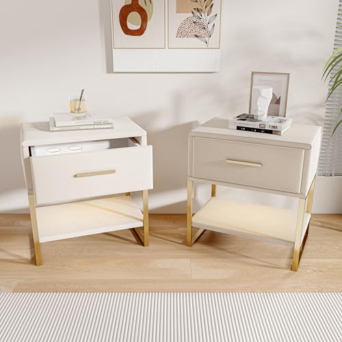 Nachttisch 2er Set,Beistelltisch mit LED-Beleuchtung aus Samt, Nachtschrank mit Schubladen und Ablagefach, Schlichte Nachtkommode,Holz Sofatisch Couchtisch,Kommodeschrank für Schlafzimmer/Wohnzimmer von QMTXBYJ
