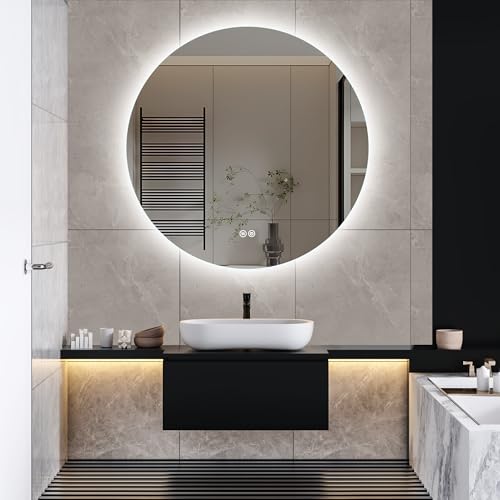 QMTXBYJ Badezimmerschrank mit Spiegel und LED-Beleuchtung, Wandschrank für Badezimmer mit 2 verstellbaren Einlegeböden und Türen, Spiegelschrank mit Sensorschalter (A6-80 x 80 cm) von QMTXBYJ