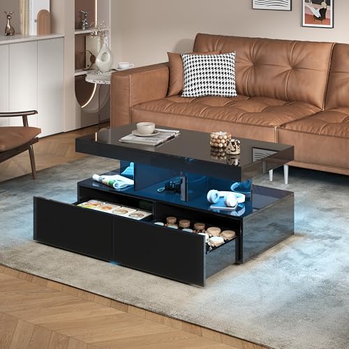 QMTXBYJ Couchtisch schwarz mit LED-Beleuchtung, Wohnzimmertisch mit 4 Schubladen, rechteckige Couchtische mit offenem Stauraum, 104 x 53 x 46 cm, Hochglanz, Beistelltische für Wohnzimmer, Truhe QMTXBYJ Couchtisch schwarz mit LED-Beleuchtung, Wohnzimmertisch mit 4 Schubladen, rechteckige Couchtische mit offenem Stauraum, 104 x 53 x 46 cm, Hochglanz, Beistelltische für Wohnzimmer, Truhe von QMTXBYJ