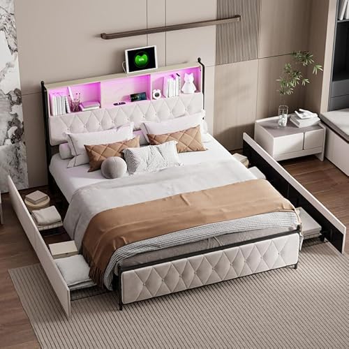 QMTXBYJ Doppelbett, 140 x 200 cm, Bettrahmen mit 4 Schubladen und Lattenrost, gepolstertes Bett 140 x 200 cm, LED-Kopfteil mit Aufbewahrungsfach und USB, Doppelbett für Jugendliche von QMTXBYJ