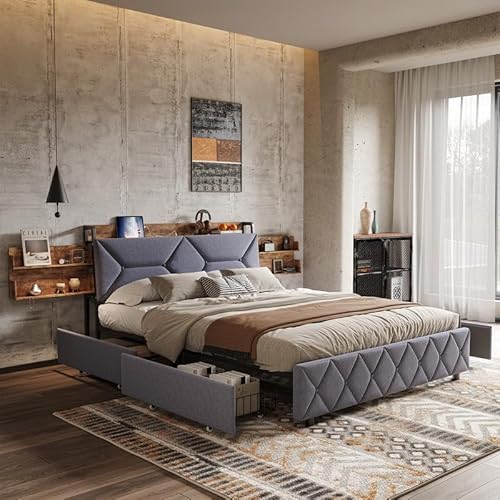 QMTXBYJ Doppelbett, 140 x 200 cm, Bettrahmen mit 4 Schubladen und Lattenrost, gepolstertes Bett 140 x 200 cm, LED-Kopfteil mit Aufbewahrungsfach und USB, Doppelbett für Jugendliche von QMTXBYJ