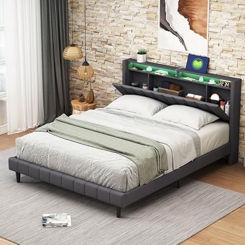 QMTXBYJ Doppelbett, 140 x 200 cm, Bettrahmen mit Lattenrost, gepolstertes Bett 140 x 200 cm, LED-Kopfteil mit Aufbewahrungsfach und 2 USB, Doppelbett für Erwachsene und Jugendliche von QMTXBYJ