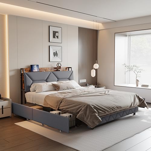 QMTXBYJ Doppelbett 140x200cm,Doppelbettrahmen mit 4 Schubladen und USB Ladefunktion,Polster Kopfteil mit Regal,Bett 140x200 mit Schubladen,Schubladenbett mit Stauraum für Jugendliche von QMTXBYJ