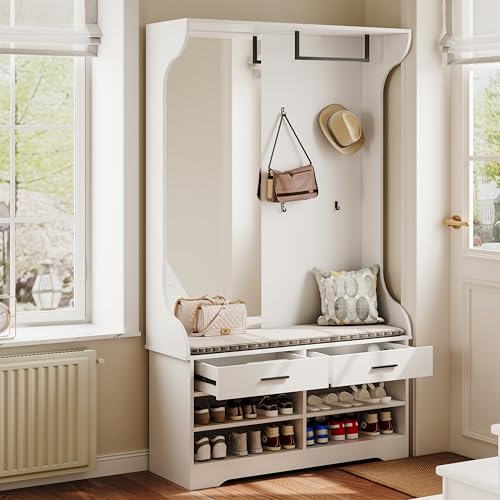 QMTXBYJ Garderobe Set mit Spiegel, Flurgarderoben Set mit 4 Haken, 2 Schublade, Schuhschrank, Flurschrank mit Wäscheständer, Wandgarderobe,Kompaktgarderobe Schmaler Flur, 104x35x180cm (Weiß) von QMTXBYJ