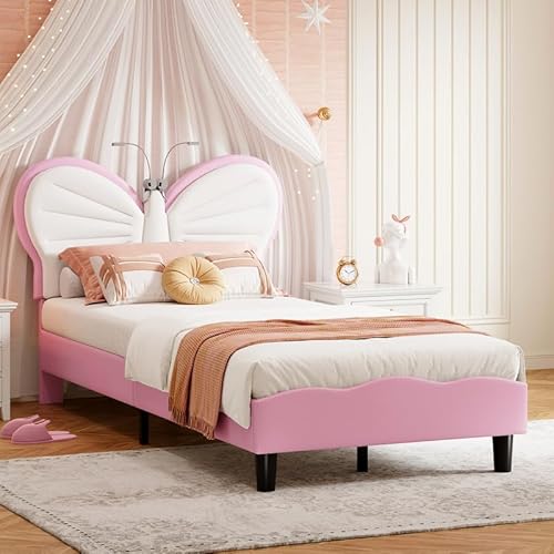 QMTXBYJ Gepolstertes Kinderbett, 90 x 200 cm, LED-Einzelbett für Mädchen, Bettgestell mit höhenverstellbarem Kopfteil in Schmetterlingsform und Lattenrost, Mädchenbetten aus Samt, ohne Matratze QMTXBYJ Gepolstertes Kinderbett, 90 x 200 cm, LED-Einzelbett für Mädchen, Bettgestell mit höhenverstellbarem Kopfteil in Schmetterlingsform und Lattenrost, Mädchenbetten aus Samt, ohne Matratze von QMTXBYJ