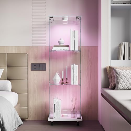 QMTXBYJ Glasvitrine mit LED-Beleuchtung & Rollen in Weiß,123.3 x 35 x 39.8cm,Modern Glas Holz Vitrine 3-Lagen & 1 Türen Glas Vitrine Vitrinenschrank,Glasvitrine Standvitrine für Büro Wohnzimmer Küche von QMTXBYJ
