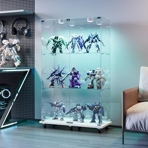 QMTXBYJ Glasvitrine mit LED-Beleuchtung & Rollen in Weiß,123.3 x 35 x 78.5cm,Modern Glas Holz Vitrine 3-Lagen & 2 Türen Glas Vitrine Vitrinenschrank,Glasvitrine Standvitrine für Büro Wohnzimmer Küche von QMTXBYJ