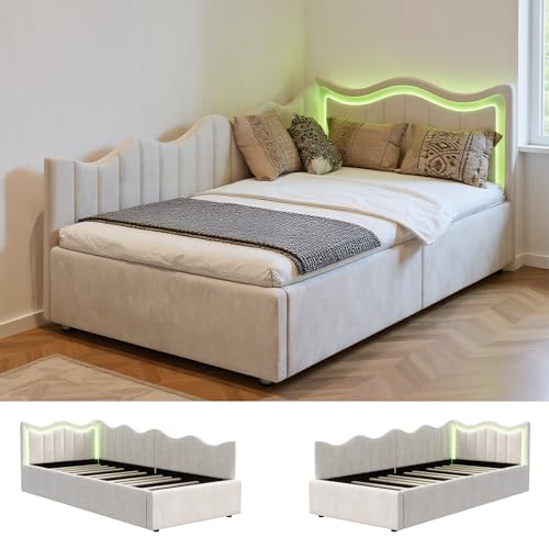 Polsterbett Kinderbett 90x200 mit LED-Beleuchtung,Jugendbett 90x200 mit Hydraulischer Stauraum, Schlafsofa Einzelbett Daybett Tagesbett Gästebett Bettgestell mit Lattenrost,Samt,Ohne Matratze von QMTXBYJ