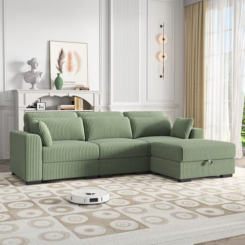 QMTXBYJ Modernes Ecksofa 3 Sitzer Sofa mit 1 Stauraum-Ottomane, Dreisitzer Stoffsofa aus Cordstoff, Großes Sektionssofa mit Kissen, Modulares Sofa, Eckcouch in L-Form Rechts/Links für Wohnzimmer von QMTXBYJ