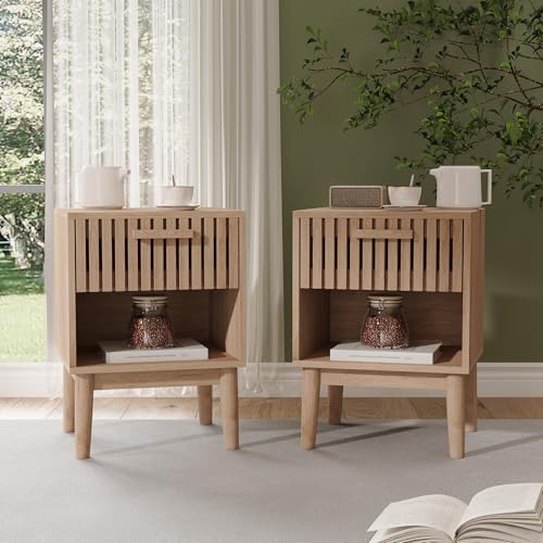 QMTXBYJ Nachttisch 2er Set,40cm Geriffelt Nachtschrank mit Schubladen und Offenen Regalen,Couchtisch,Nachtkommode 2er Set,Moderner Nachttisch aus Holz für Schlafzimmer,Wohnzimmer,Sofa von QMTXBYJ