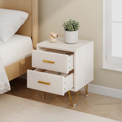 QMTXBYJ Nachttisch 2er Set,51cm Nachtschrank mit 2 Schubladen und Griffe in Goldoptik,Couchtisch,Nachtkommode 2er Set,Moderner Nachttisch für Schlafzimmer,Wohnzimmer,Sofa,Weiß,41x35,5x51cm von QMTXBYJ