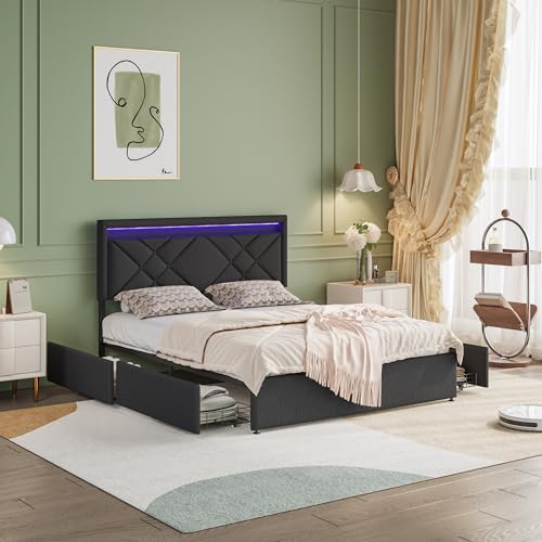 QMTXBYJ Polsterbett 140 x 200 cm,Doppelbett mit 4 Schubladen,LED-Beleuchtung,USB-Anschlüssen und Typ-C-Anschlüsse,Jugendbett 140x200 mit LED,Doppelbett mit Kopfteil aus Leinenstoff von QMTXBYJ
