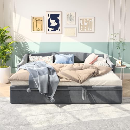 QMTXBYJ Polsterbett Ausziehbares Schlafsofa 90 x200cm mit Lattenrosten,Tagesbett Ausziehbars mit Matratze,Samt Schlafsofa für Erwachsene 2 Personen,Tagesbett Ausziehbar Schlafsofas von QMTXBYJ