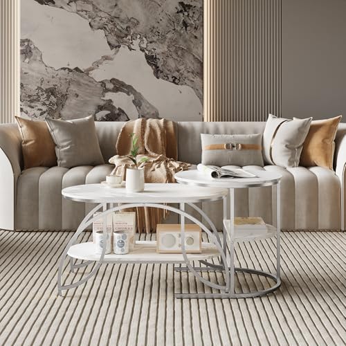 QMTXBYJ Runder Couchtisch 2er Set,Moderne Wohnzimmertisch mit Marmoroptik,Sofatisch mit Metallgestell,Couchtisch mit Stauraum Rund,Wohnzimmer-Beistelltisch für Wohnzimmer und Büro Balkon QMTXBYJ Runder Couchtisch 2er Set,Moderne Wohnzimmertisch mit Marmoroptik,Sofatisch mit Metallgestell,Couchtisch mit Stauraum Rund,Wohnzimmer-Beistelltisch für Wohnzimmer und Büro Balkon von QMTXBYJ