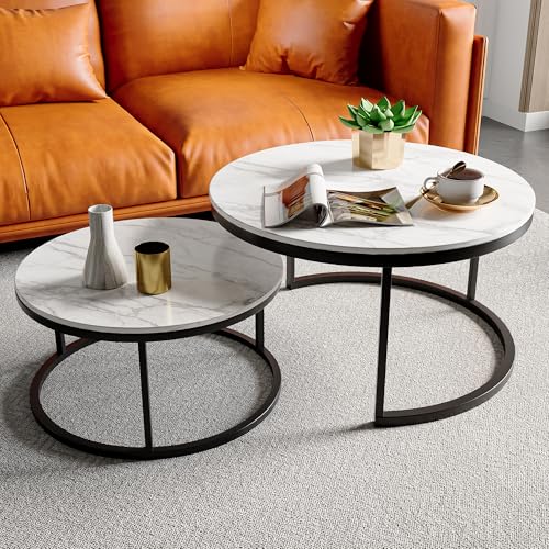 QMTXBYJ Runder Couchtisch 2er Set,Moderne Wohnzimmertisch mit Marmoroptik,Sofatisch mit Metallgestell,Couchtisch mit Stauraum Rund,Wohnzimmer-Beistelltisch für Wohnzimmer und Büro Balkon von QMTXBYJ