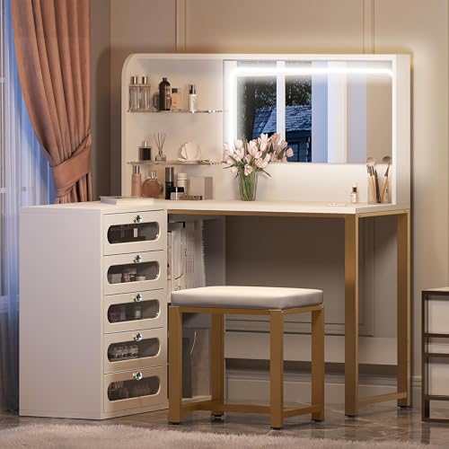 QMTXBYJ Schminktisch mit Spiegel,L-Förmiger Schminktisch mit Hocker,LED Beleuchtung,5-Lagige Schublade und 2 Ablagefacher mit Verstellbaren Positionen,Modern Kosmetiktisch,120x80x135cm von QMTXBYJ