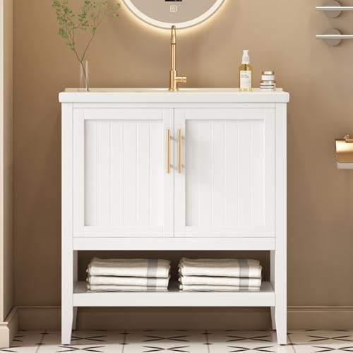 QMTXBYJ Standwaschbecken mit Unterschrank,Badmöbel Einzelwaschtisch mit Keramikwaschbecken,Badezimmerschrank mit 2 Türen,Vertikaler Badezimmerschrank,Unterschrank Weiß,80x90x47cm von QMTXBYJ