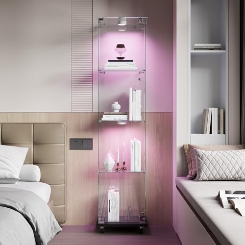 Vitrine aus Glas mit Touch LED und 4 drehbaren Rädern, 163 x 40 x 35 cm, moderner Sammlerschrank aus 4-lagigen Gläsern mit 2 Türen und Schloss, gehärtetes Glas, transparent, stehender Glasschrank von QMTXBYJ
