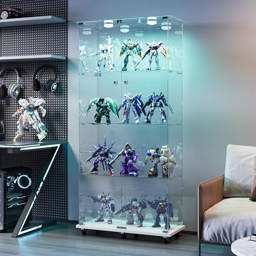 Vitrine aus Glas mit Touch LED und 6 drehbaren Rädern, 163 x 78,5 x 35 cm, moderner Sammlerschrank aus 4-lagigen Gläsern mit 2 Türen und Schloss, gehärtetes Glas, transparent, stehender Glasschrank von QMTXBYJ