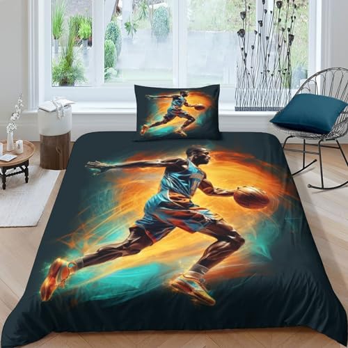 QMena Basketball Game Duvet Cover Set Kissenbezug Verstecktes Scharnier Bettbezug Baumwolle Match Bettwäsche Set Wärme Zum Schlafen Steppdeckenbezug Single（135x200cm） von QMena