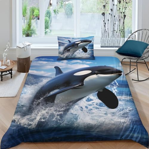 QMena Killer Whale Bettwäsche Mit Kopfkissenbezügen Bettdeckenbezug Schlafhilfe Predator Bettbezug Komfortabel Steppdeckenbezug Set Atmungsaktiv Bed Linen Sets Single（135x200cm） von QMena
