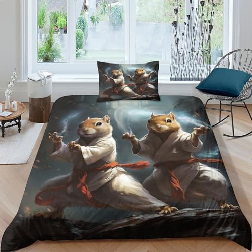 QMena Kung Fu Cute-Cute-Squirrel Bettwäsche Verschiedene Größen Tierwelt Bettdeckenbezug Schlafhilfe Bettbezug Komfortabel Steppdeckenbezug Set Reißverschluss Bed Linen Sets Single（135x200cm） von QMena