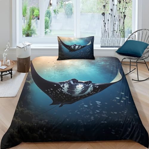 QMena Manta-ray Bequem Bettwäsche-Set Personalisierter Stachelrochen Steppdeckenbezug Set Mit Reißverschluss Bettbezug Set Microfaser Bettdeckenbezug Für Erwachsene Und Kinder Single（135x200cm） von QMena