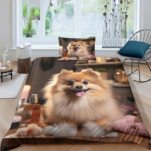 QMena Pomeranian Bettwäsche Set Reißverschluss Puppy Bettdeckenbezug Baumwolle Bed Linen Sets Verschiedene Größen Bettbezug Zip-Verschluss Steppdeckenbezug Single（135x200cm） von QMena