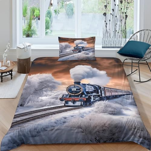QMena Trains in The snowland Bed Linen Sets Contests Bettbezug Microfaser Baumwolle Bettwäsche Set Mikrofaser Mit Reißverschluss Für Erwachsene Und Kinder Single（135x200cm） von QMena