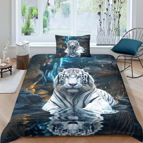 QMena White Tiger Bettwäsche Set Satin Tierwelt Bettdeckenbezug Luxuriös Bedding Set Schlafhilfe Bettbezug Atmungsaktiv Steppdeckenbezug Für Jungen Und Mädchen Single（135x200cm） von QMena