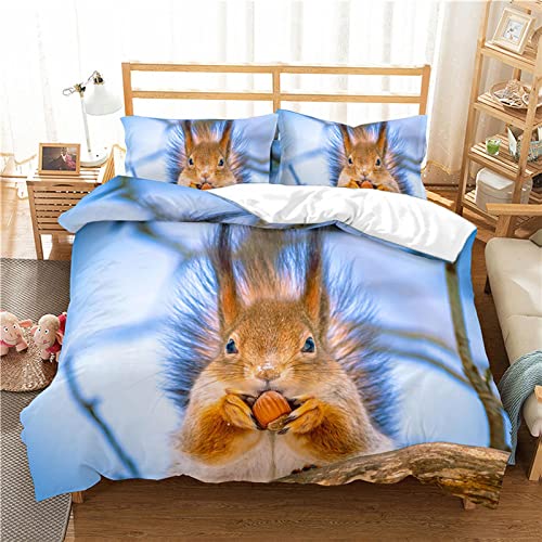 QNDYH Bettwäsche 135x200 Eichhörnchen Bettbezug Set mit Reißverschluss Weiche Atmungsaktive Mikrofaser Bettwäsche Set und 2 Kissenbezüge 80x80 cm von QNDYH