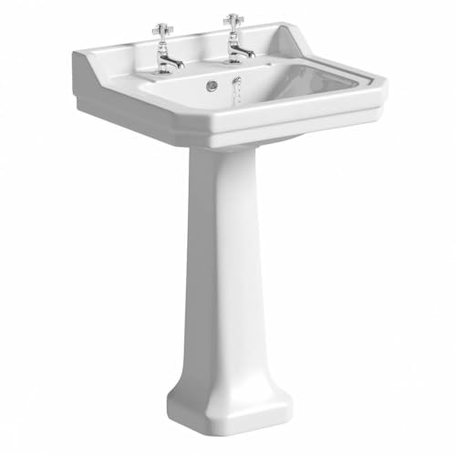 The Bath Co. Camberley 2-Loch-Waschtisch mit Standfuß, 610 mm, mit Wasserhähnen – Weißes Waschbecken mit Standfuß, Quadratische Waschbecken mit Standfuß, Waschbecken reliable von QNGSAK